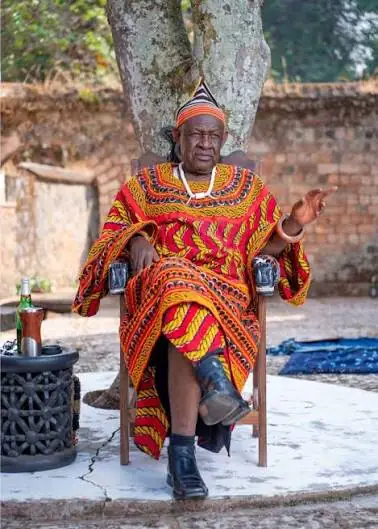 A man seated in patterned robes and a beaded cap, beneath a tree.